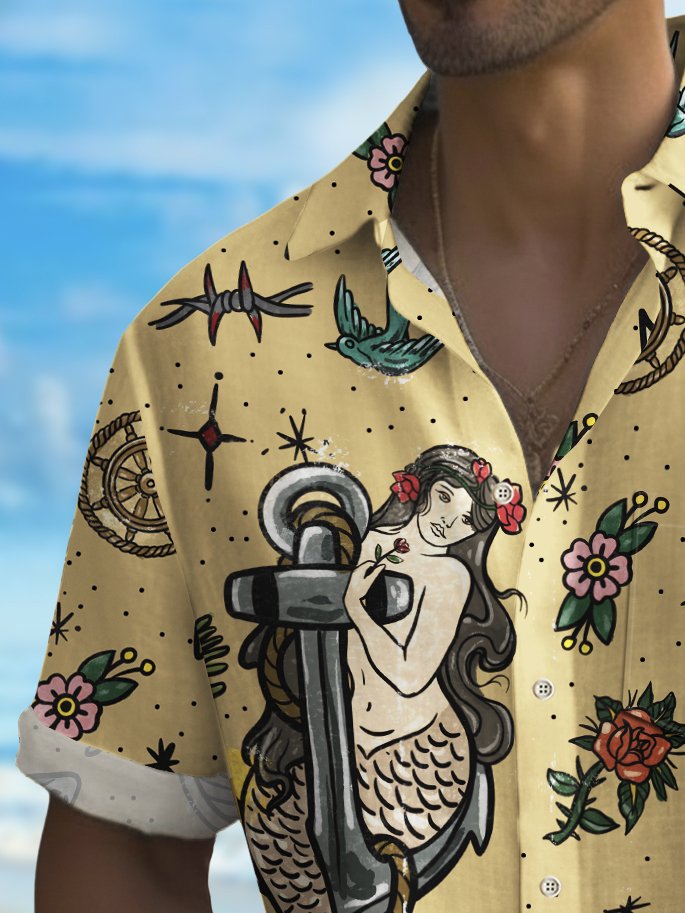 Chemise de camping en plein air extensible à séchage rapide avec imprimé tatouage de sirène vintage Alohadaddy