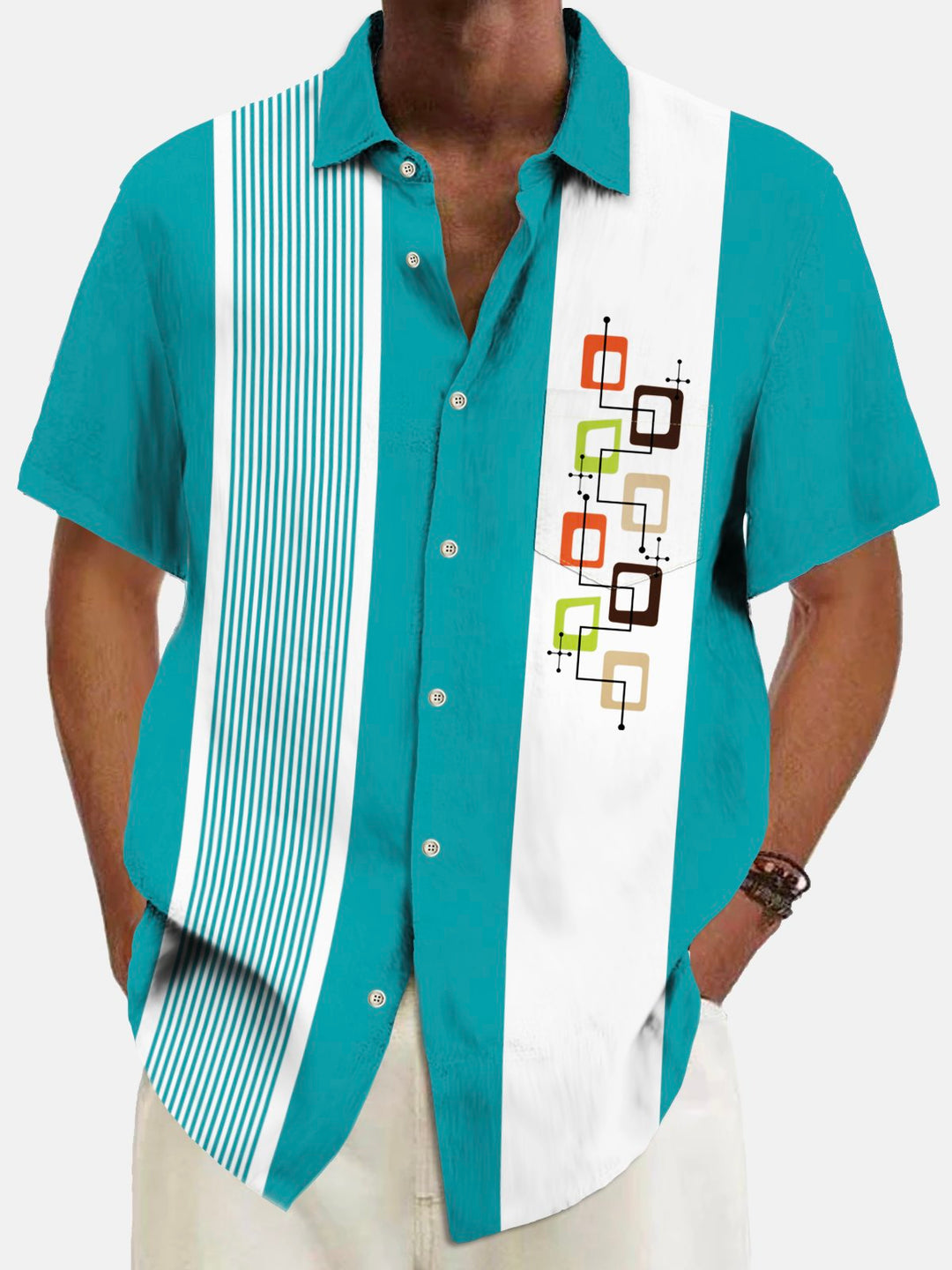 Alohadaddy Vintage Bowling Geometric Print Chest Pocket Shirt Plus Size Men&