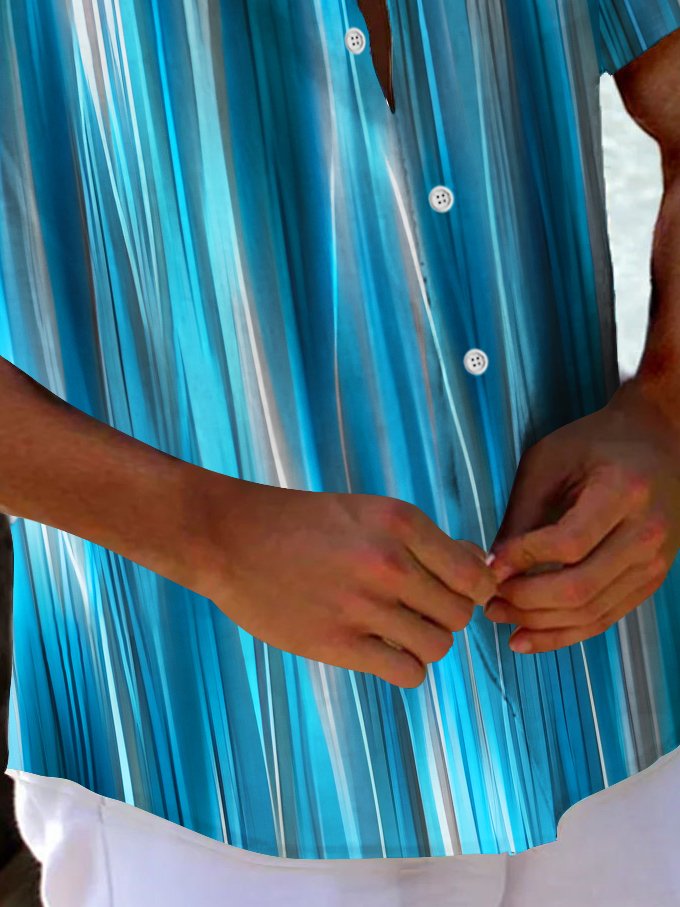 Alohadaddy Vintage Blue Abstract Gradient Stripe Print Chest Pocket Shirt Plus Size Men&