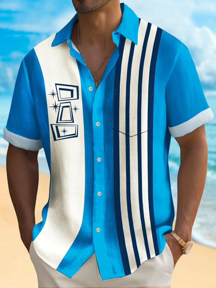 Alohadaddy Vintage Bowling Geometric Starburst Print Chest Pocket Shirt Plus Size Men&