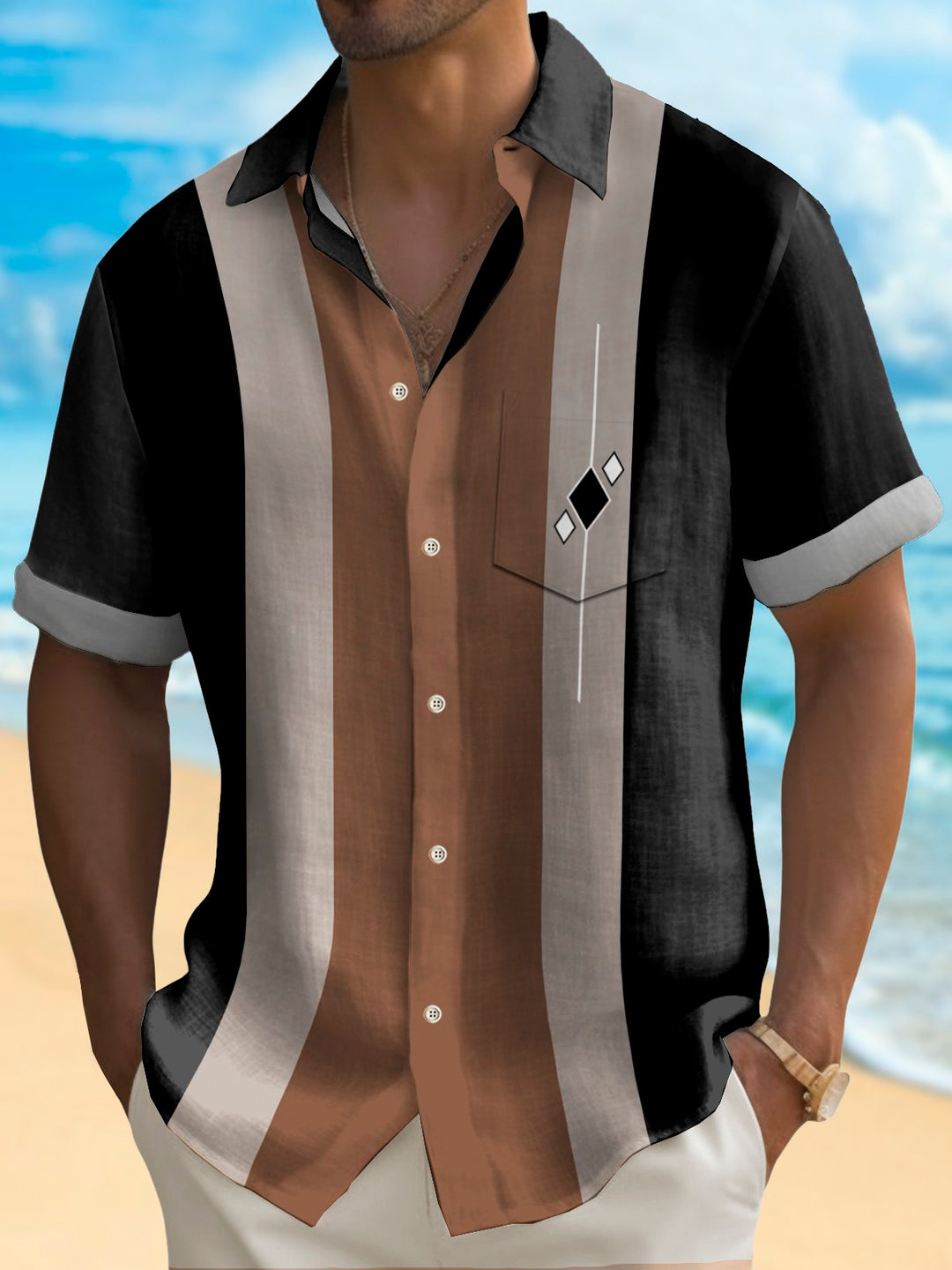 Alohadaddy Vintage Bowling Geometric Diamond Print Chest Pocket Shirt Plus Size Men&