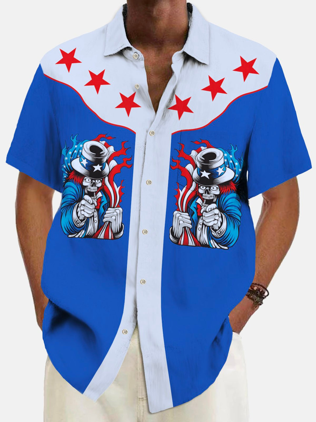 Alohadaddy Vintage Skull Cartoon Print Chest Pocket Shirt Plus Size Men&