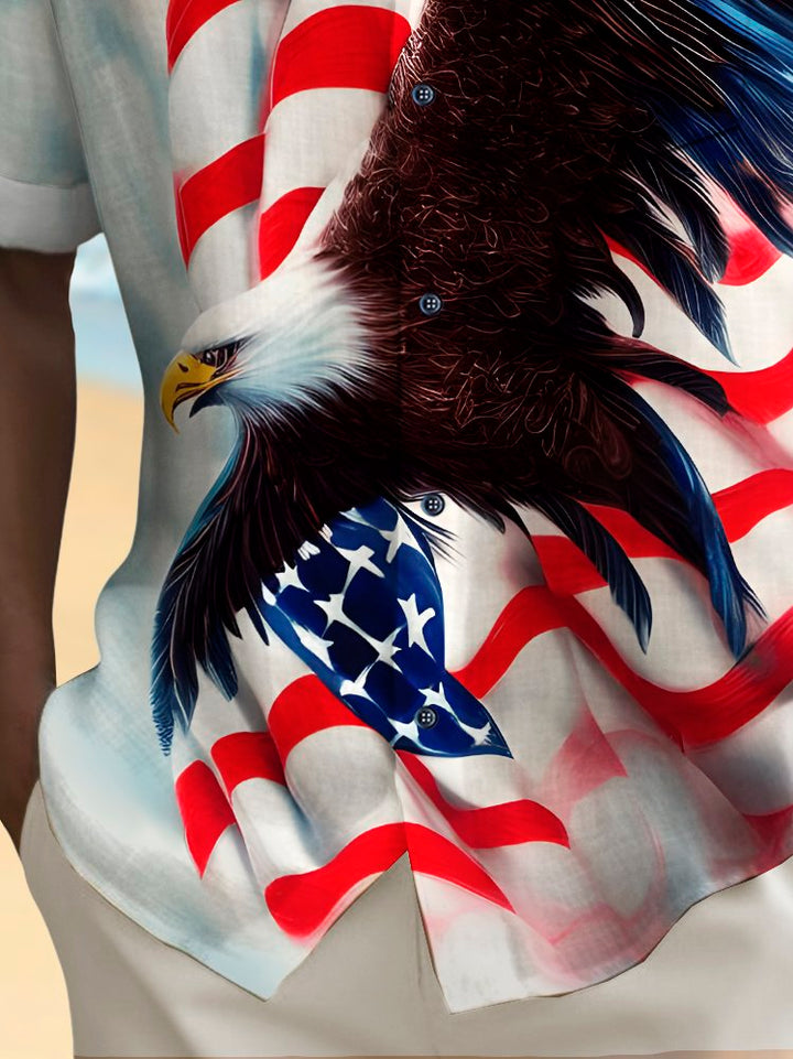 Camisa de manga corta transpirable informal con estampado de águila y bandera del Día de la Independencia para hombre de Alohadaddy Holiday, talla grande