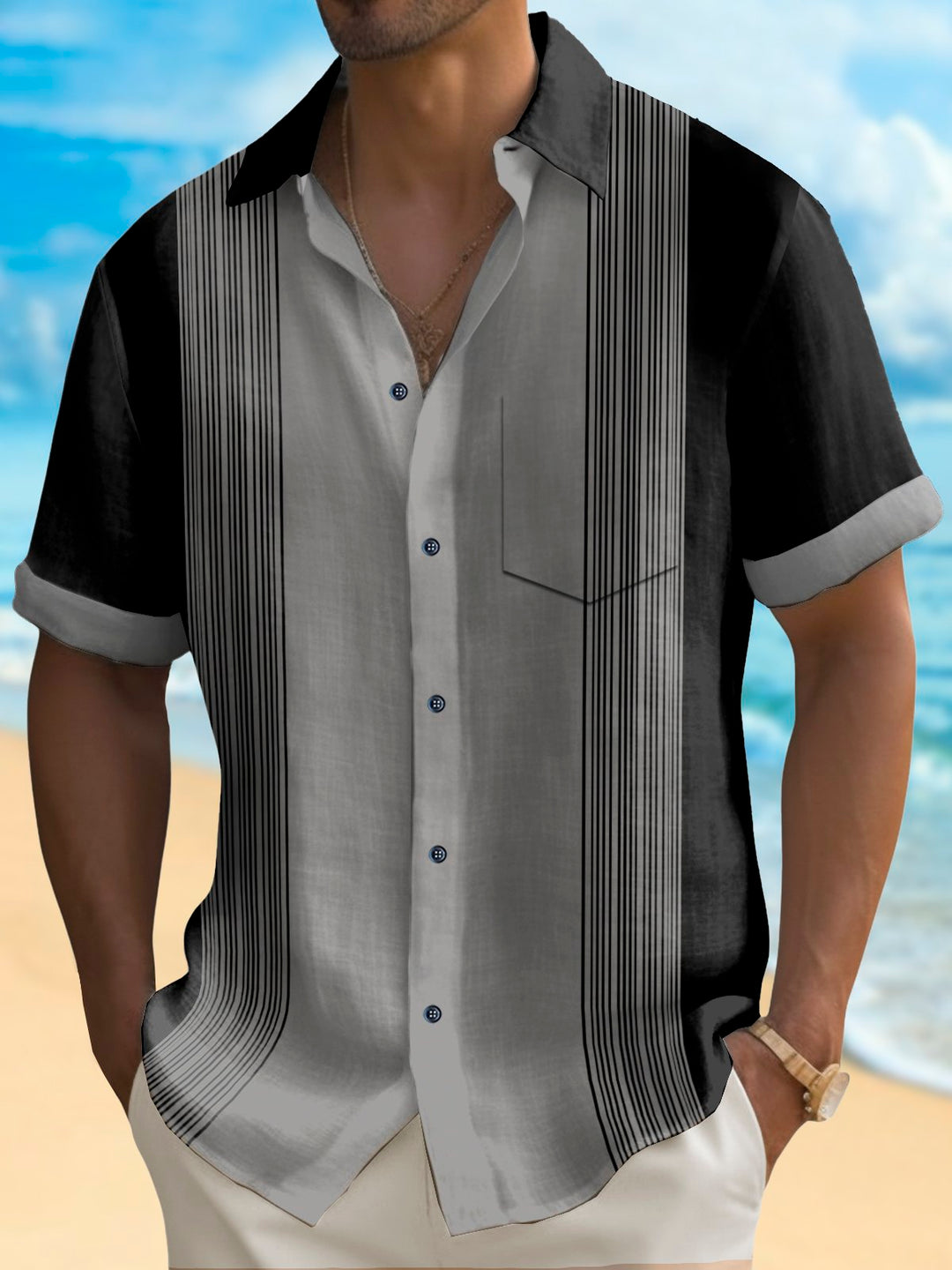 Alohadaddy Vintage Bowling Line Print Chest Pocket Shirt Plus Size Men&