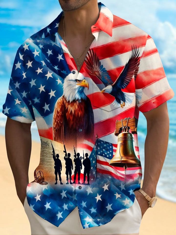 Camisa de manga corta transpirable informal con estampado de águila y bandera del Día de la Independencia para hombre de Alohadaddy Holiday, talla grande