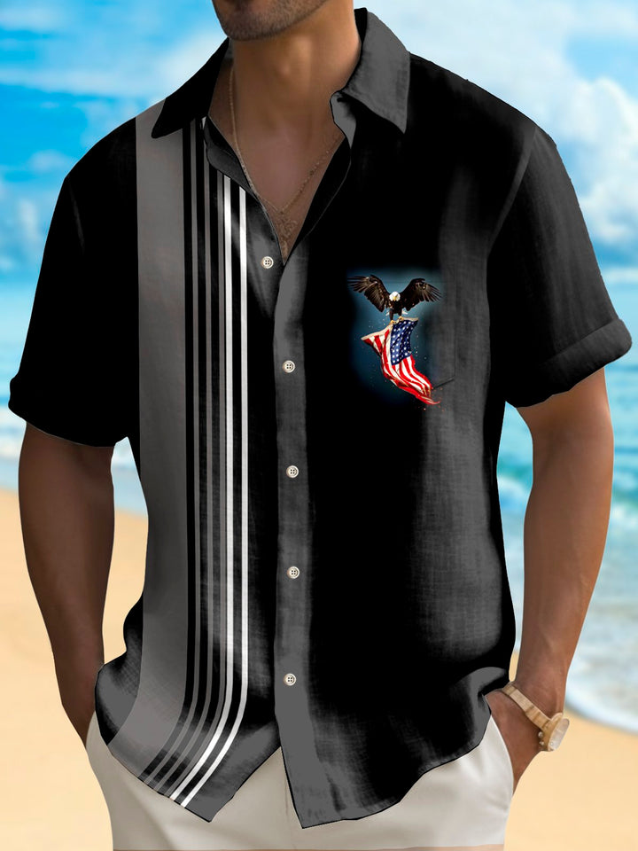 Alohadaddy Vintage Bowling American Flag Eagle Print Chest Pocket Shirt Plus Size Men&