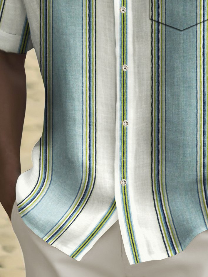 Camisa de hombre de manga larga con bolsillo en el pecho y estampado de rayas estilo bolos vintage de Alohadaddy