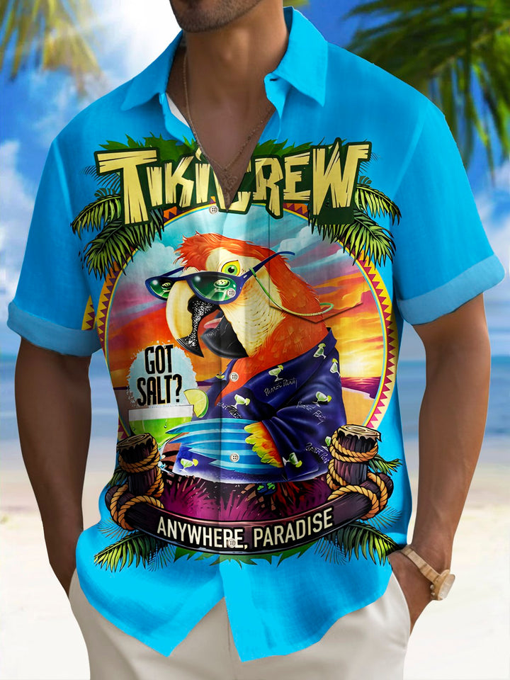 Camisa hawaiana para hombre Alohadaddy Beach Vacation con estampado de loros y bolsillo para acampar, talla grande