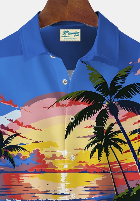 Camisa hawaiana de vacaciones en la playa Alohadaddy para hombre, camisa de camping con bolsillo y estampado de árboles de coco y puesta de sol en la playa, talla grande
