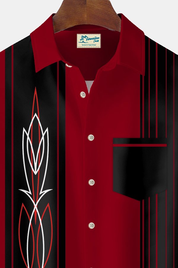 Alohadaddy Vintage Pinstripe Bowling Print Chest Pocket Shirt Plus Size Men&