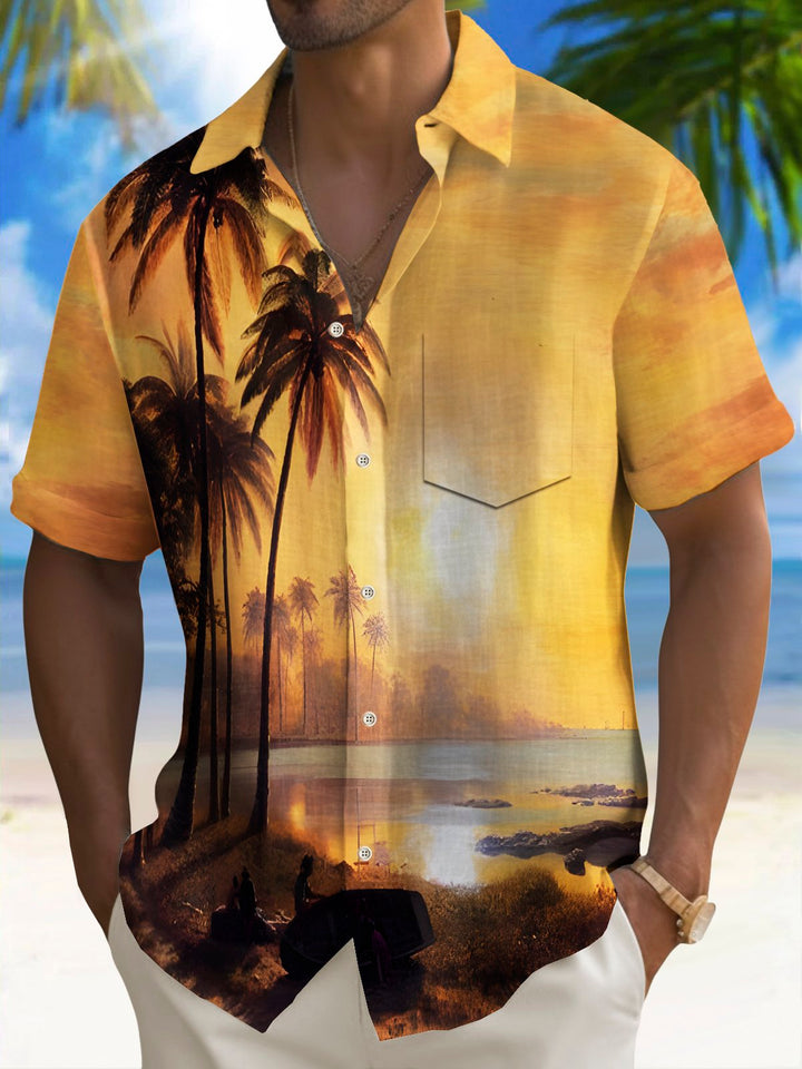 Camisa hawaiana de vacaciones en la playa Alohadaddy para hombre, camisa de camping con bolsillo y estampado de árboles de coco y puesta de sol en la playa, talla grande