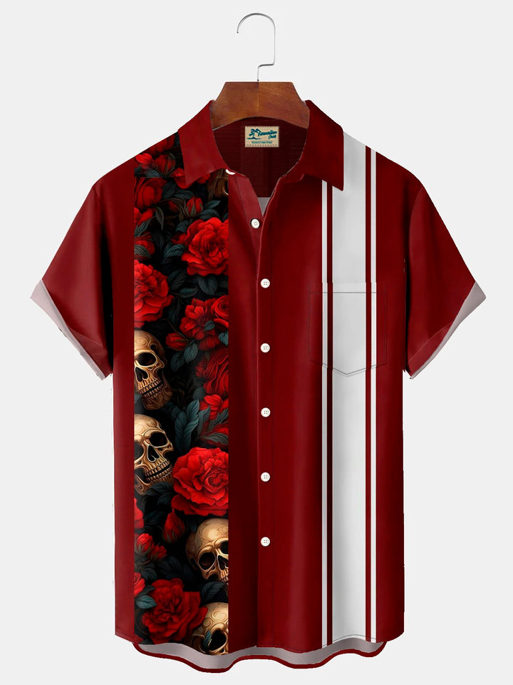 Camisa de manga corta con bolsillo abotonado y estampado 3D de calaveras y flores estilo retro de bolos de Alohadaddy para hombre, talla grande y alta