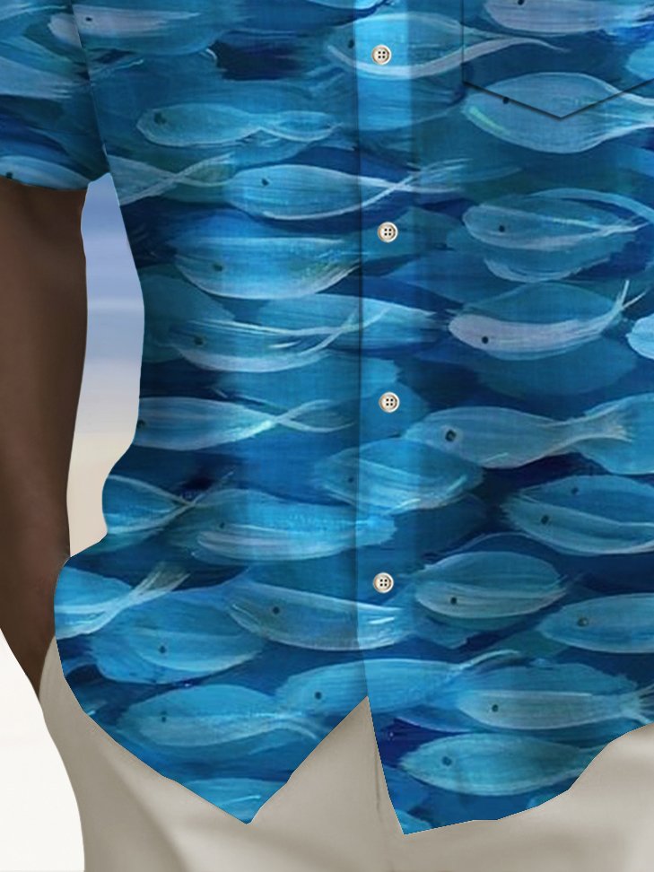 Camisa hawaiana con estampado de peces y bolsillo para acampar para hombre de Alohadaddy Beach Vacation, talla grande