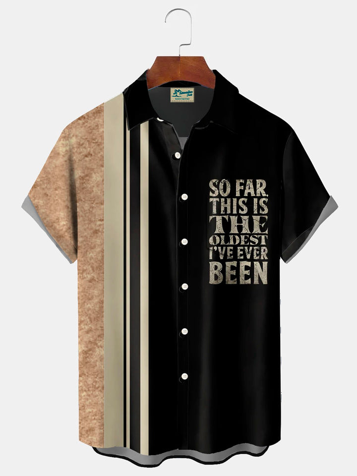 Camisa de manga corta con bolsillo abotonado y estampado 3D de rayas y letras retro de Alohadaddy para hombre, talla grande y alta