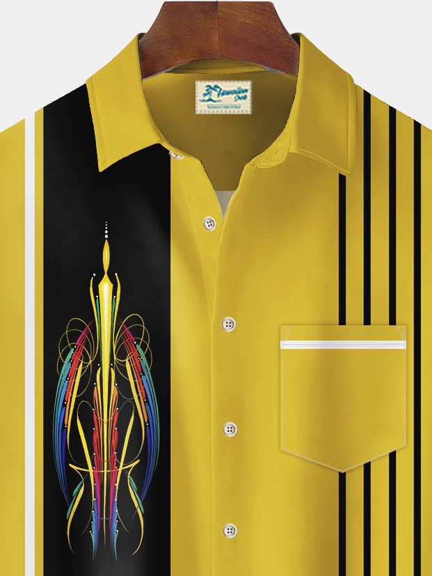 Alohadaddy Vintage Pinstripe Bowling Print Chest Pocket Shirt Plus Size Men&