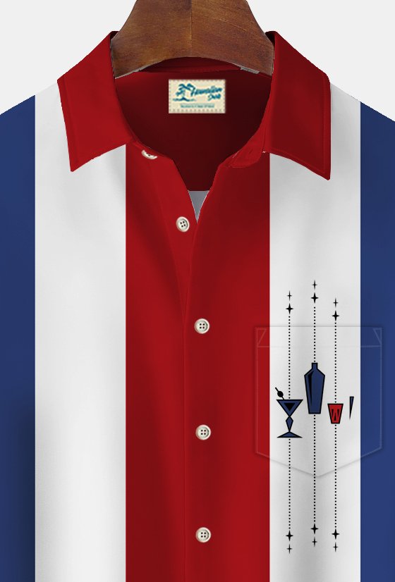 Camisa alta para hombre Alohadaddy con bolsillo en el pecho y estampado geométrico de cóctel y bolos vintage para hombre