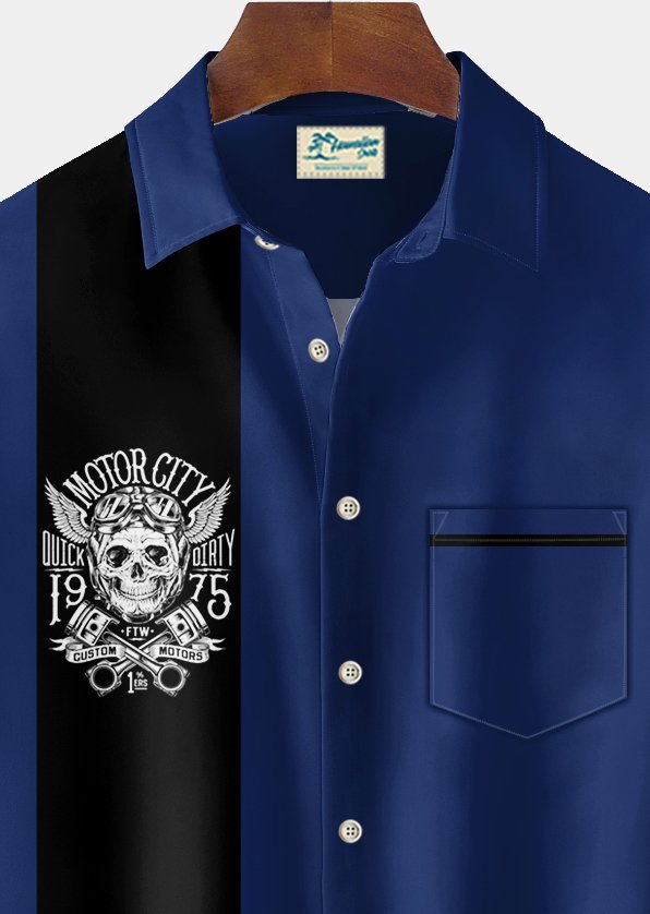 Camisa alta para hombre Alohadaddy con bolsillo en el pecho y estampado de calaveras y coches de bolos vintage