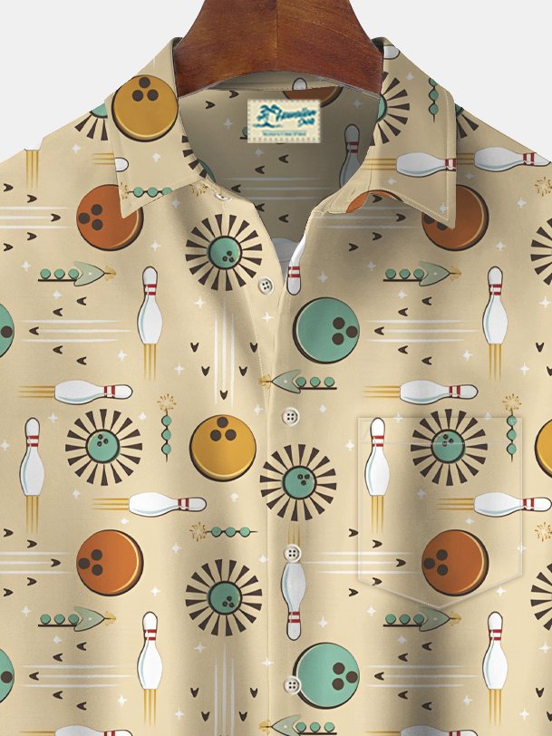 Alohadaddy Vintage Geometric Bowling Print Chest Pocket Men&