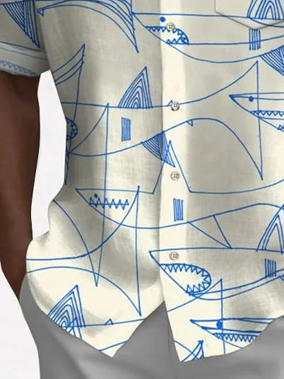 Camisa de cuello alto con bolsillo en el pecho y estampado de rayas de peces vintage para hombre de Alohadaddy, talla grande