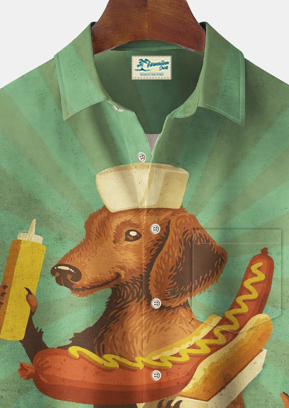 Camisa alta para hombre con bolsillo en el pecho y estampado artístico de hot dog vintage de Alohadaddy