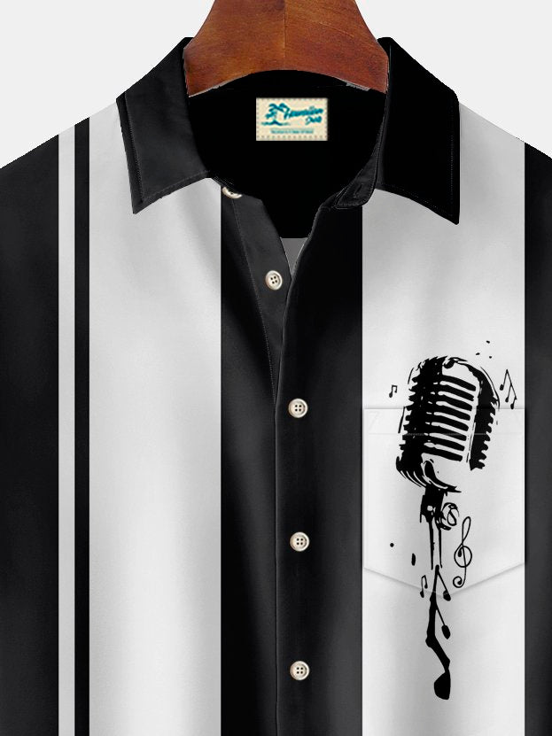 Alohadaddy Vintage Bowling Music Microphone Print Chest Pocket Shirt Plus Size Men&