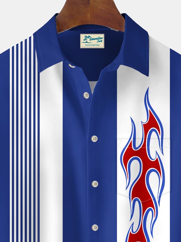 Alohadaddy Vintage Bowling Flame Print Chest Pocket Shirt Plus Size Men&