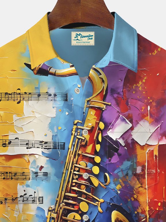 Alohadaddy Vintage Musical Instrument Print Chest Pocket Shirt Plus Size Men&