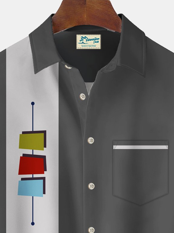 Alohadaddy Vintage Bowling Geometric Print Chest Pocket Shirt Plus Size Men&