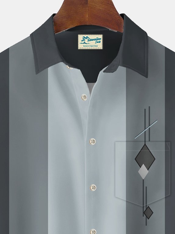 Alohadaddy Vintage Bowling Geometric Print Chest Pocket Shirt Plus Size Men&