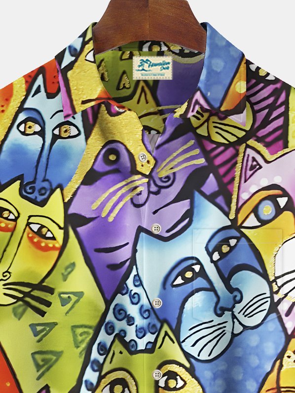 Alohadaddy Vintage Cat Print Chest Pocket Shirt Plus Size Men&