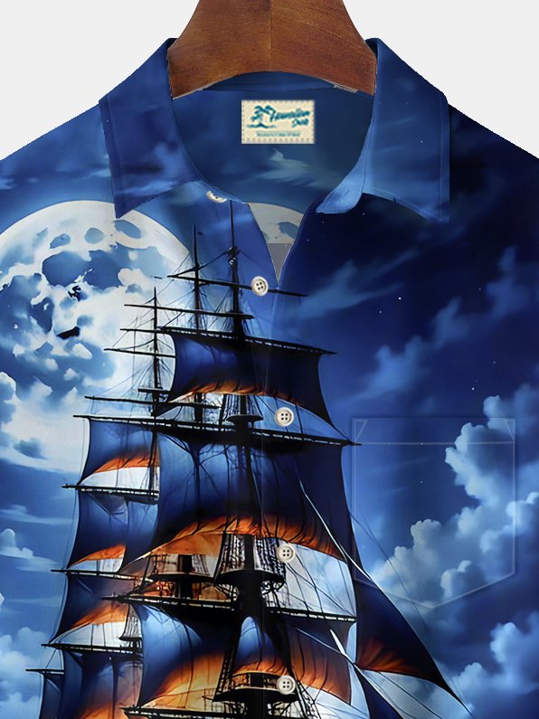 Camisa hawaiana para hombre Alohadaddy Beach Vacation con estampado de barco pirata y bolsillo para acampar, talla grande