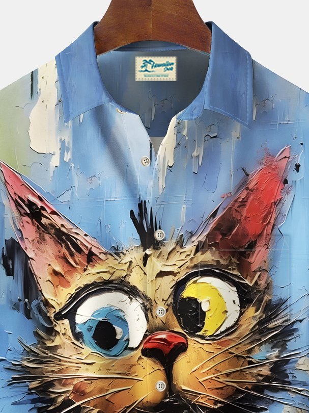 Alohadaddy Vintage Cat Print Chest Pocket Shirt Plus Size Men&