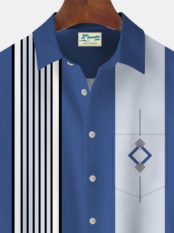 Alohadaddy Vintage Bowling Geometric Print Chest Pocket Shirt Plus Size Men&