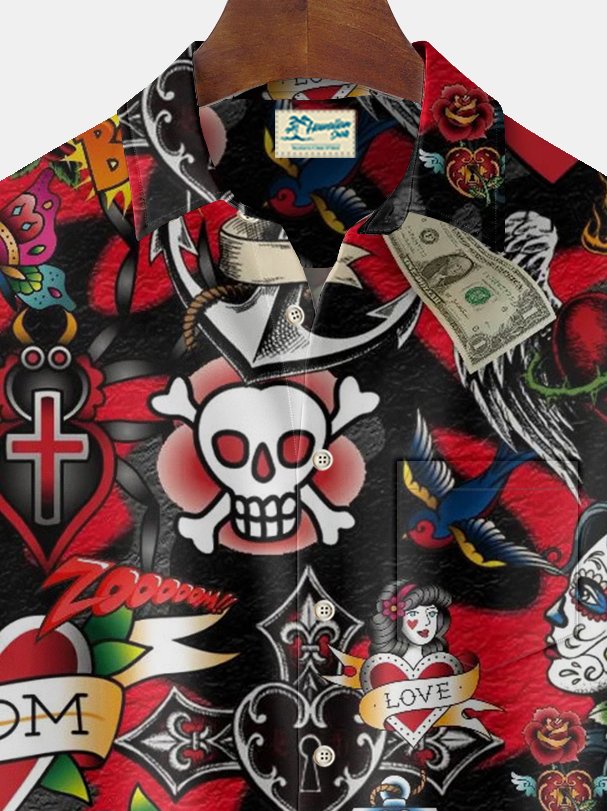 Alohadaddy Vintage Tattoo Print Chest Pocket Shirt Plus Size Men&