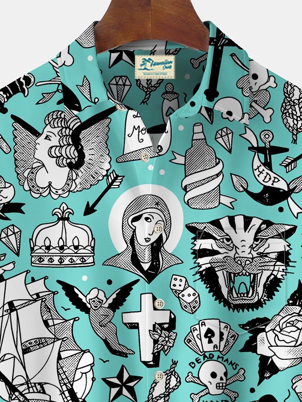 Alohadaddy Vintage Tattoo Print Chest Pocket Shirt Plus Size Men&