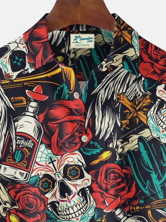 Alohadaddy Vintage Skull Tattoo Print Chest Pocket Shirt Plus Size Men&