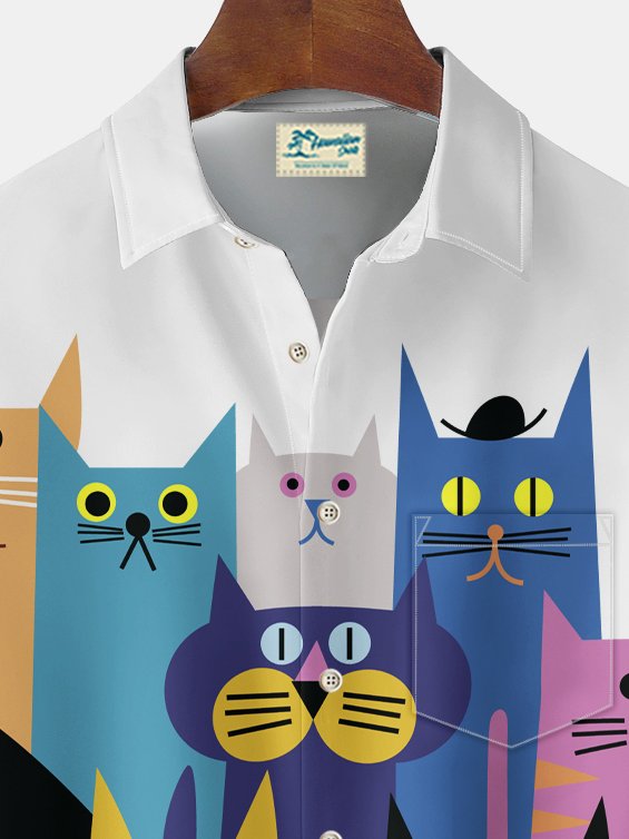 Alohadaddy Vintage Cartoon Cat Print Chest Pocket Shirt Plus Size Men&