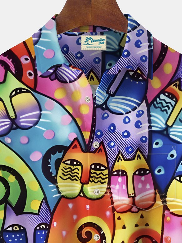 Alohadaddy Vintage Cat Cartoon Print Chest Pocket Shirt Big Tall