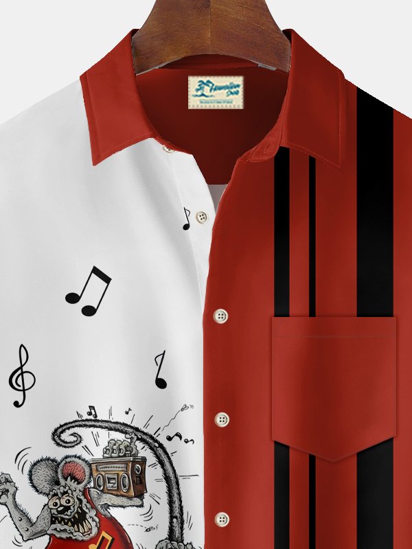 Camisa con bolsillo en el pecho y estampado de dibujos animados musicales para hombre de Alohadaddy Vintage Bowling, talla grande