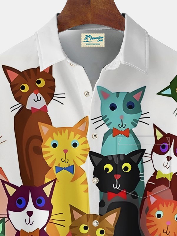 Alohadaddy Vintage Cat Print Chest Pocket Shirt Plus Size Men&