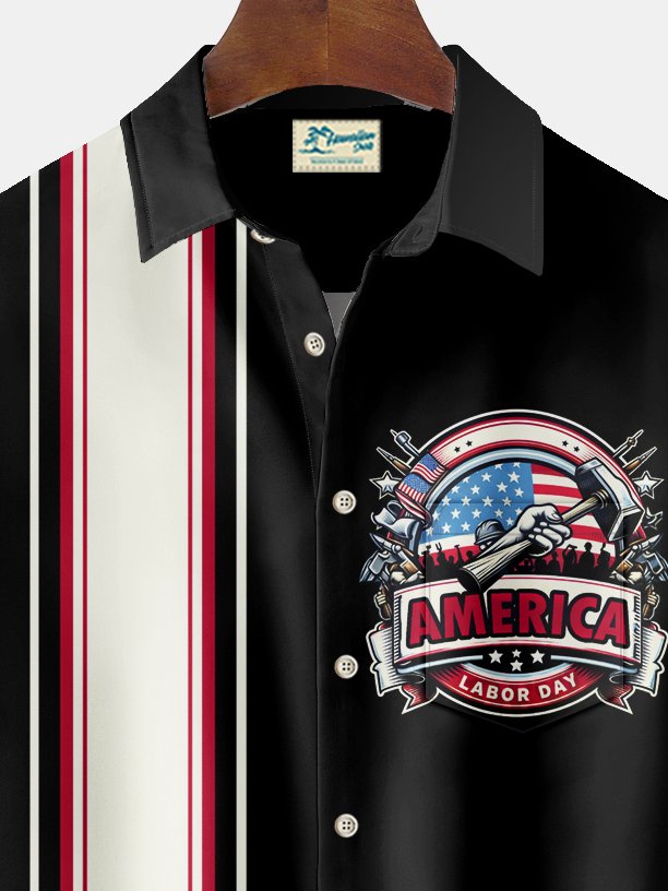 Chemise extensible à poche poitrine pour homme avec imprimé drapeau de la fête du travail vintage de bowling d&
