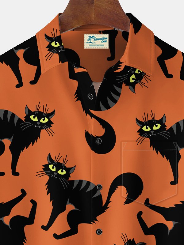 Camisa elástica con bolsillo en el pecho y estampado de gato de Halloween para hombre de Alohadaddy, talla grande
