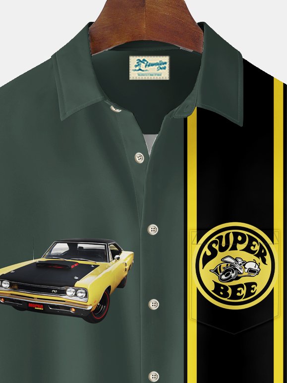 Chemise extensible à poche poitrine pour homme avec imprimé vintage de bowling et de muscle car d&