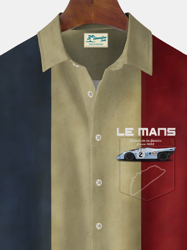 Camisa elástica con bolsillo en el pecho para hombre con estampado de carreras de bolos vintage de Alohadaddy, talla grande