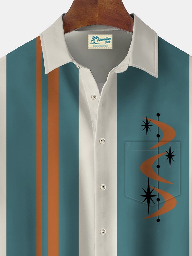 Camisa elástica con bolsillo en el pecho y estampado geométrico de estrellas de bolos vintage para hombre de Alohadaddy, talla grande