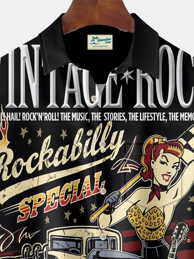Camisa elástica con bolsillo en el pecho y estampado de rock vintage para hombre de Alohadaddy, talla grande