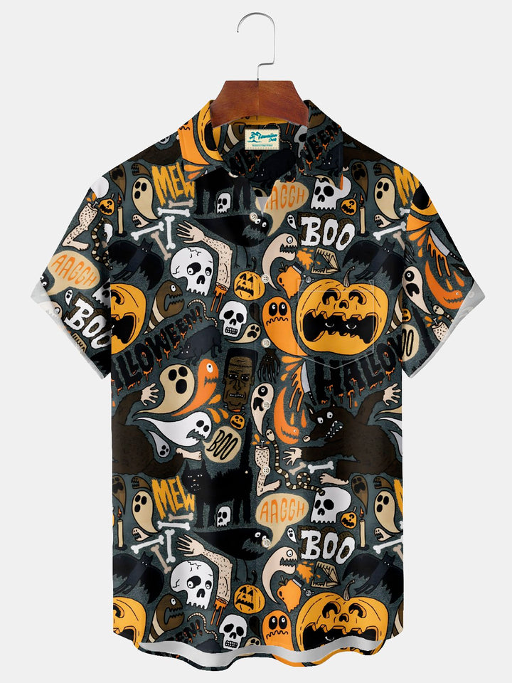 Camisa elástica con bolsillo en el pecho para hombre con estampado de dibujos animados de calabaza y calavera de Halloween de Alohadaddy, talla grande