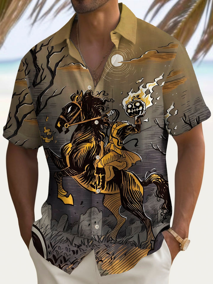 Camisa elástica con bolsillo en el pecho y estampado de caballero de Halloween para hombre de Alohadaddy, talla grande
