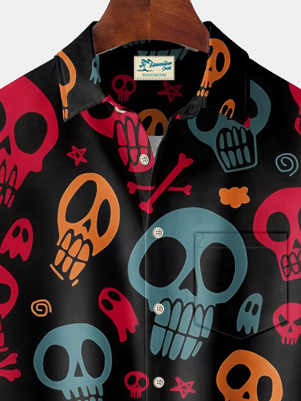 Camisa elástica con bolsillo en el pecho y estampado de calavera de Halloween para hombre de Alohadaddy, talla grande
