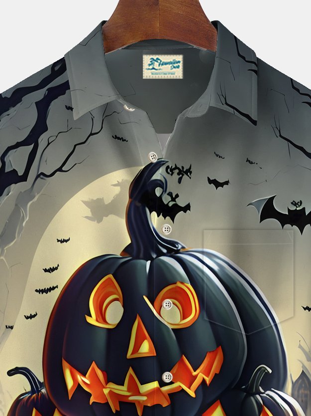 Camisa elástica con bolsillo en el pecho y estampado de dibujos animados de calabaza de Halloween para hombre de Alohadaddy, talla grande